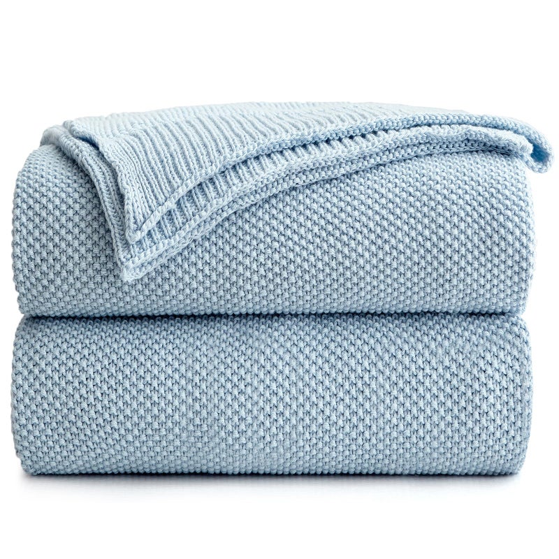 Longhui bedding 100% Cotton Light Blue Lightweight Cable Knit Throw Blanket for Couch Sofa Bed Home DÃ©cor Bonus Laundering Bag â€“ Large 60 x 80 Inch, Machine Washable, Blue Color - Image 1